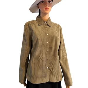Women's A.M.I. Leather Suede Shirt Jacket Long Sleeve Snaps Light Olive, Size M